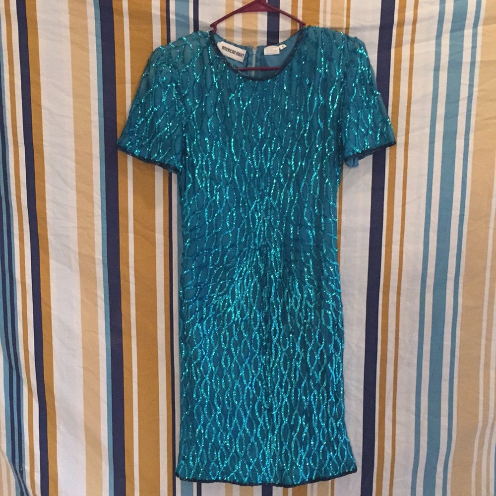 Gorgeous Vintage Teal Sequin Beaded Party Dress